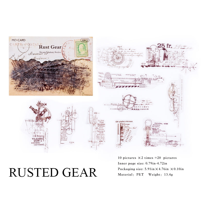 Rusted Gear retro line art stickers - vintage industrial steampunk design
