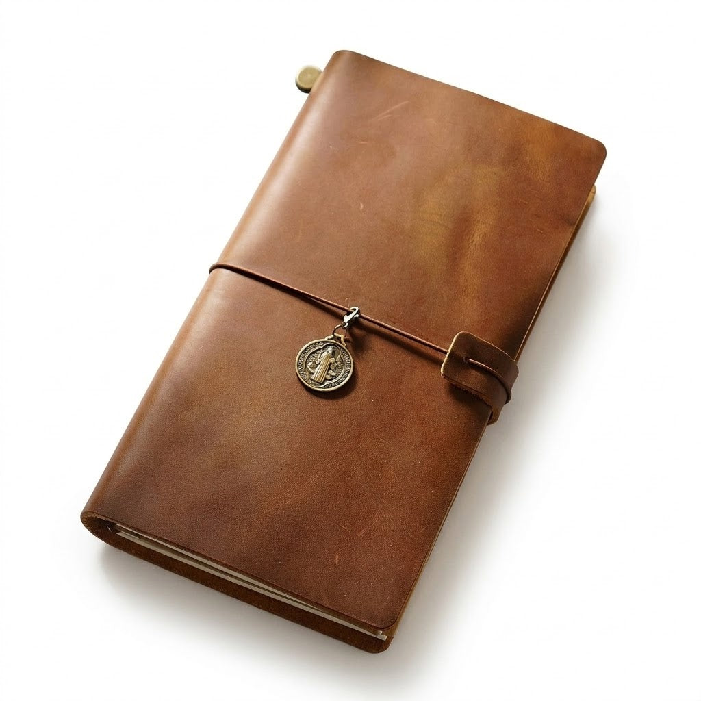 Rustic Brown authentic crazy horse leather writers journal with an antique medallion charm closure.