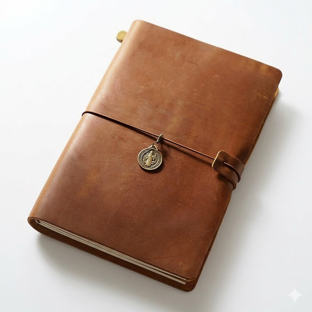 Rustic Brown large refillable notebook kit with a vintage crown charm, ideal for bullet journaling and everyday planning.
