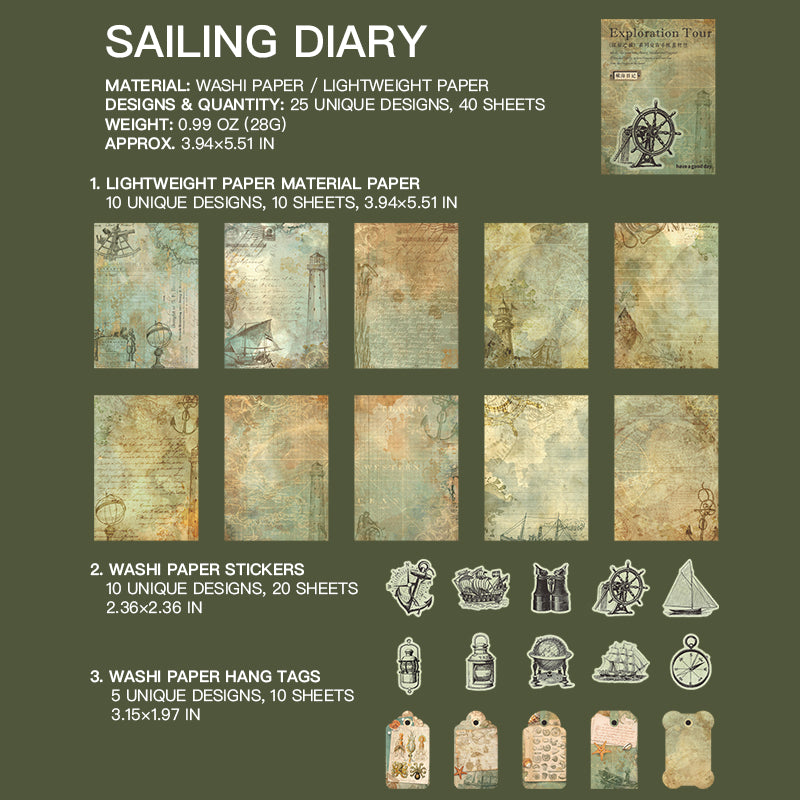  "Sailing Diary vintage nautical sticker with ship and compass motif for travel journaling"