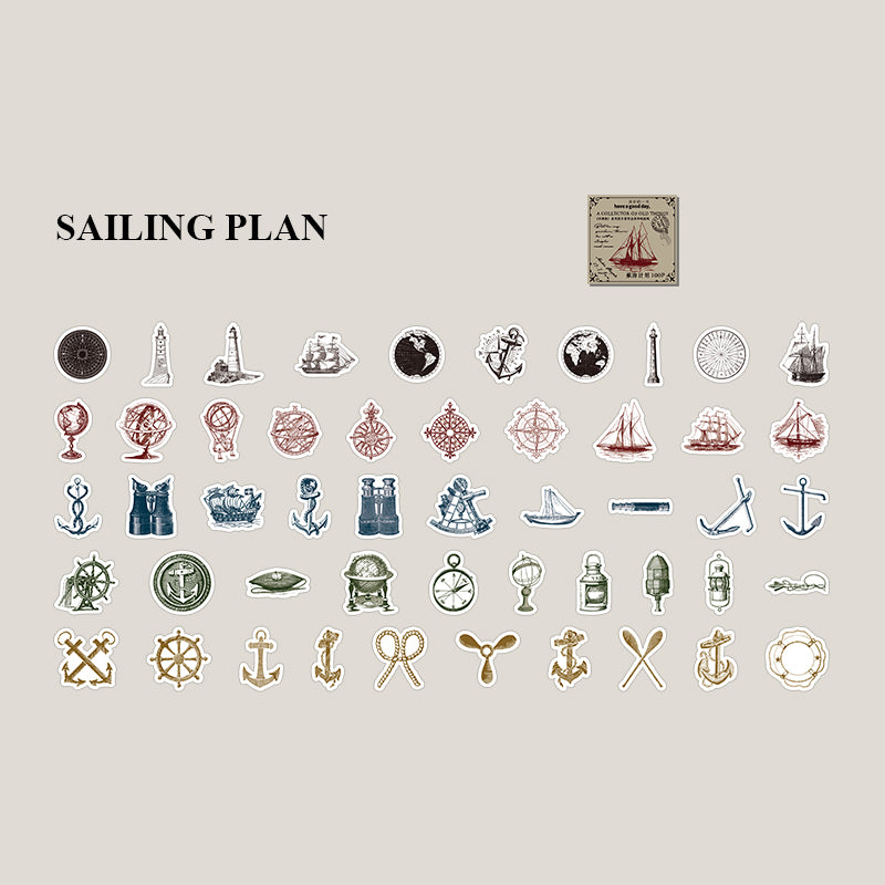 Sailing plan vintage stickers - nautical retro sketch design