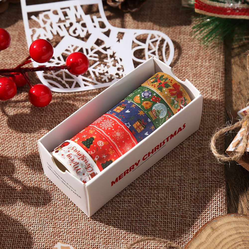 Red Christmas washi tape set with Santa designs in box