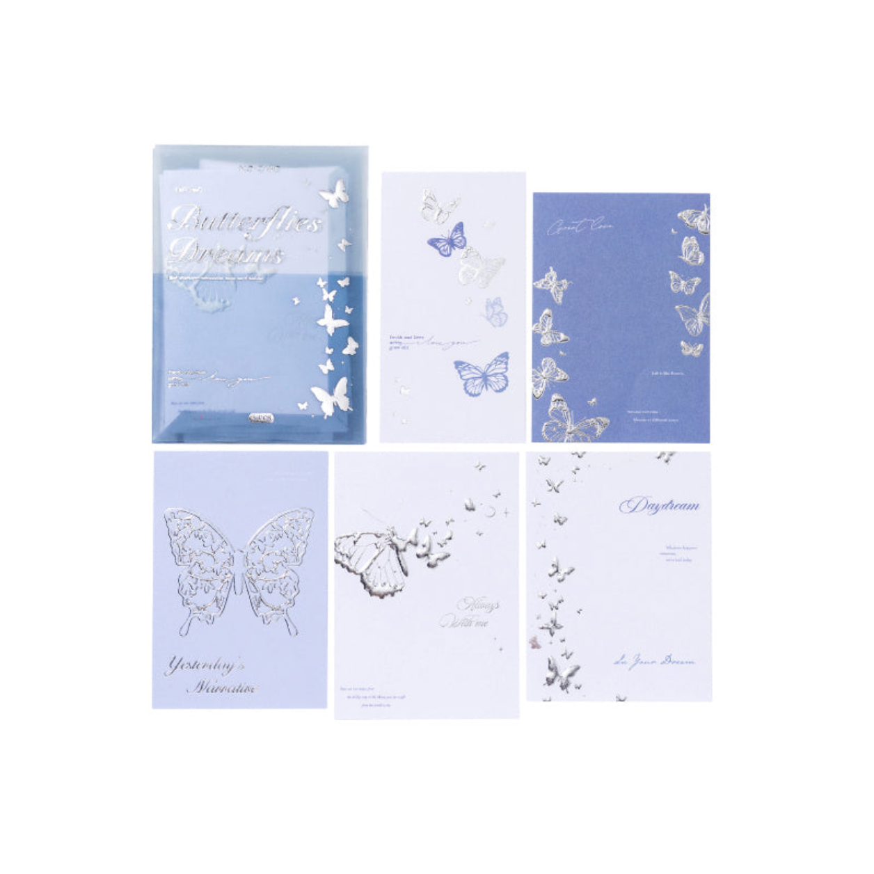 Sapphire Butterfly blue silver foil stamped journaling card featuring butterflies and ornate frames with relief texture