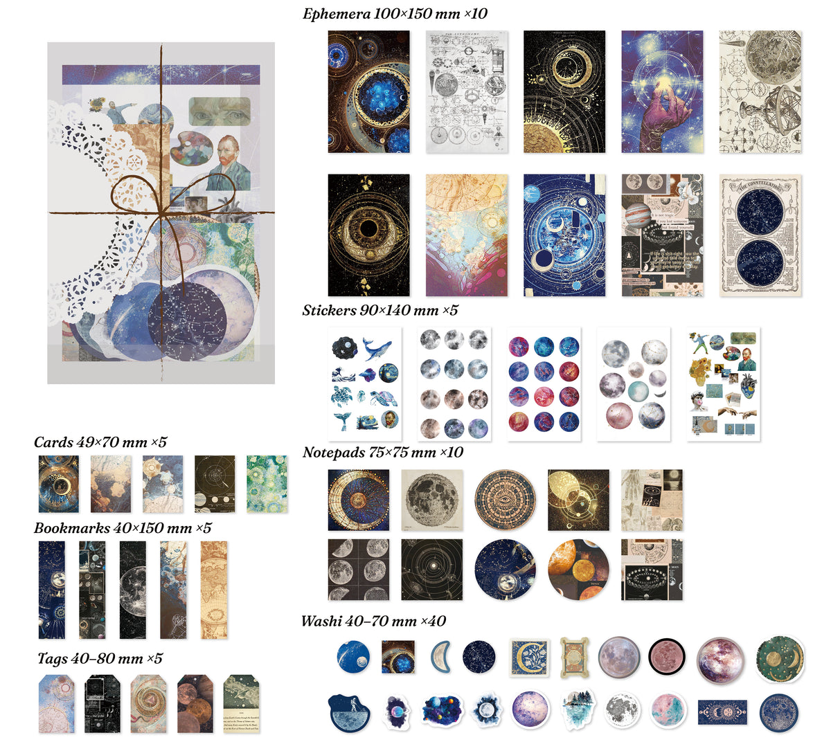Scattered Stars theme — full layout of 83 celestial specimen pieces