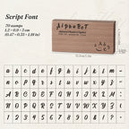 Script font alphabet stamp chart showing cursive uppercase, lowercase, numbers and symbols
