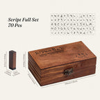Script Full Set 70 piece alphabet stamp specification card with wooden box dimensions