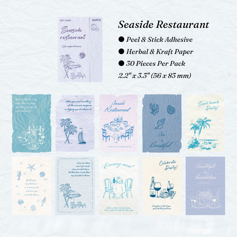 Seaside restaurant blue textured journal cards shells seahorses palm trees beach ocean ephemera