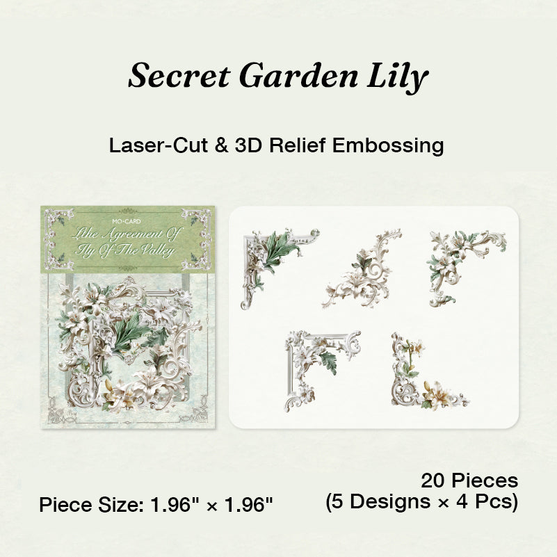 Variant image for the Secret Garden Lily style of the 3D relief floral corner frame ephemera. Showcases 20 laser-cut pieces in vintage green hues featuring elegant lily of the valley and forest foliage motifs with deep debossed texture.