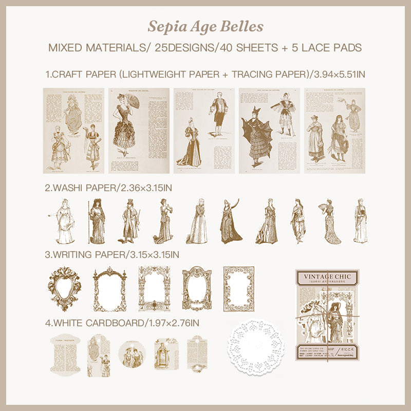 European vintage Sepia Age Belles mixed media craft pack for journaling