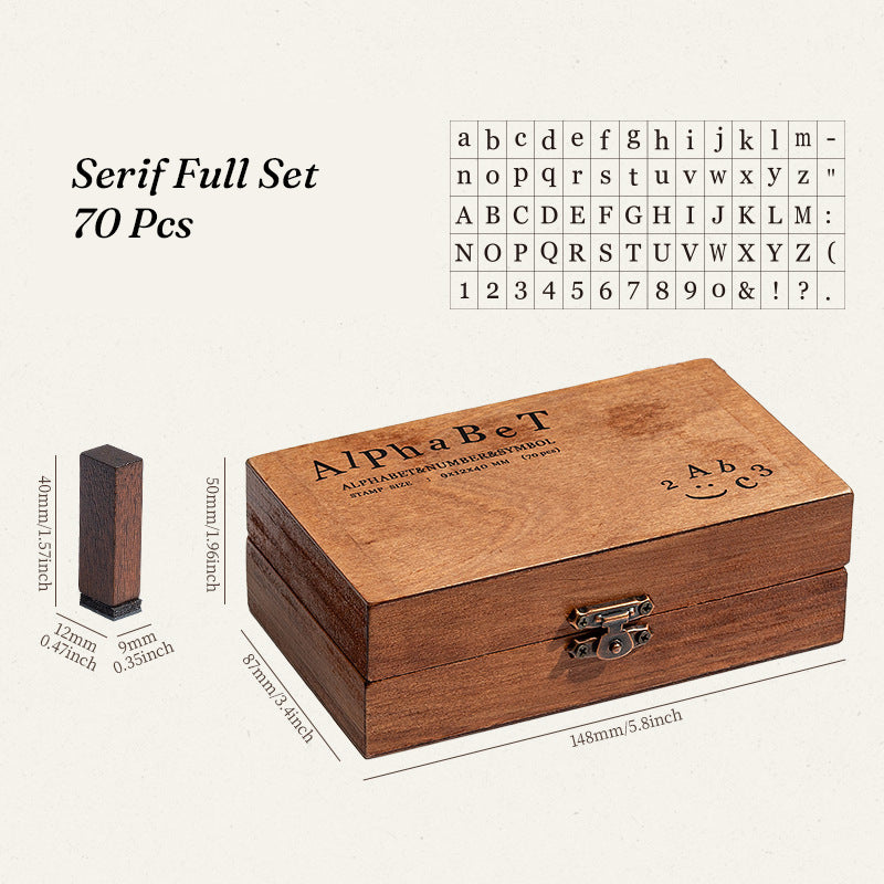 Serif Full Set 70 piece alphabet stamp specification card with wooden box dimensions