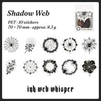 Ink Web Whisper stickers — monochrome dark spider webs, 10 pieces