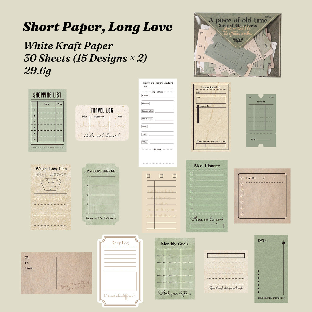 	Short Paper, Long Love sticker chart - 15 telegram and letter designs in sage green