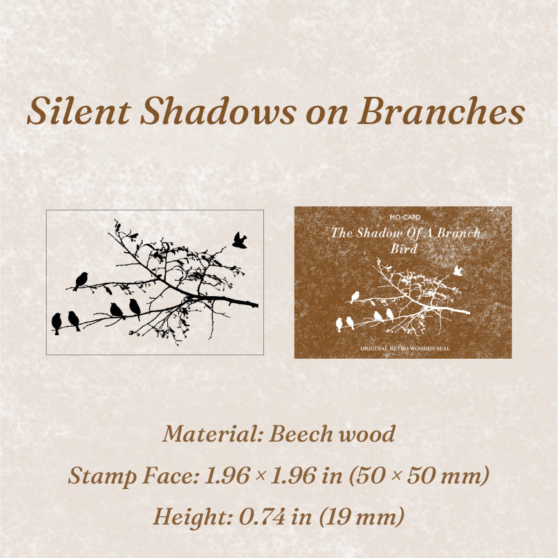 Vintage wooden rubber stamp Silent Shadows on Branches variant showing carved bird on branch stamp face and packaging card, 1.96 x 1.96 inch beech wood block for ephemera craft
