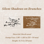 Vintage wooden rubber stamp Silent Shadows on Branches variant showing carved bird on branch stamp face and packaging card, 1.96 x 1.96 inch beech wood block for ephemera craft
