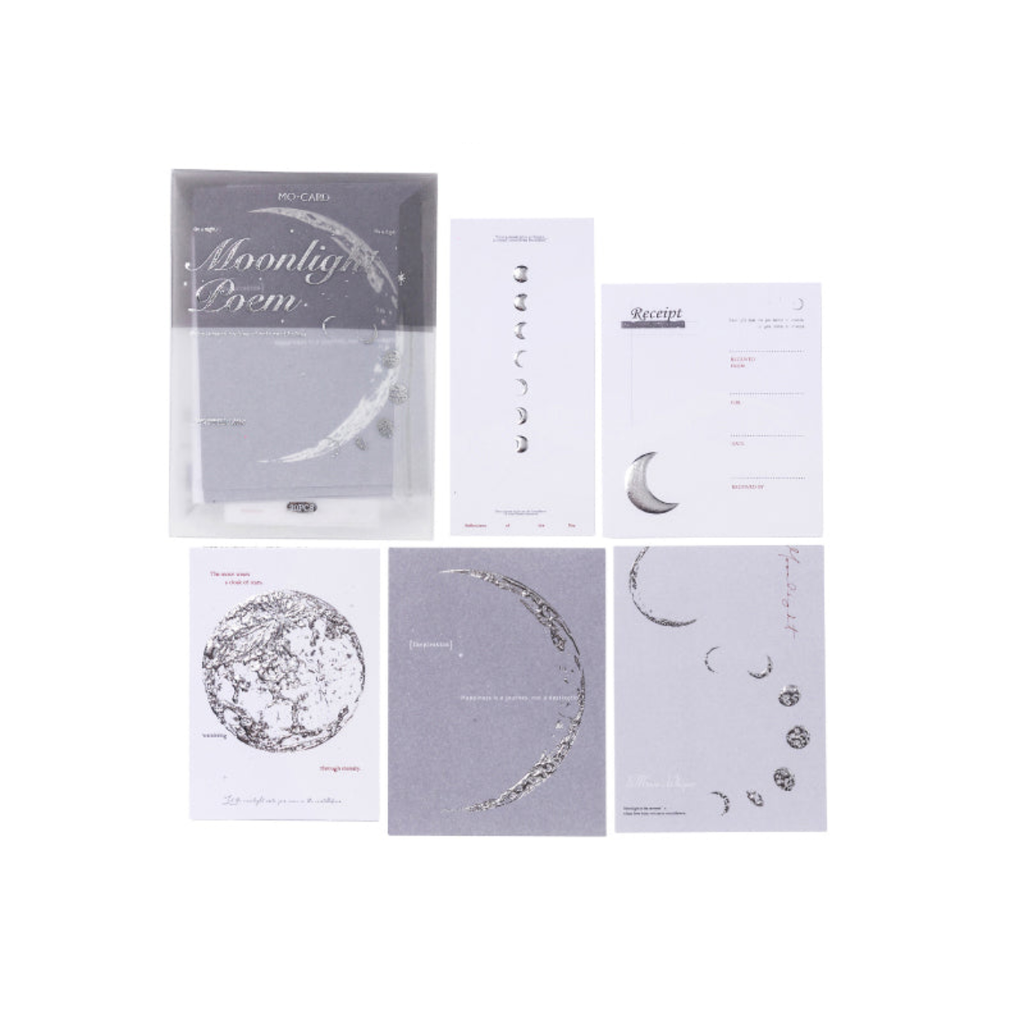 Silver Moonlight celestial theme ephemera card with silver foil stamping and relief embossing for dark academia journaling
