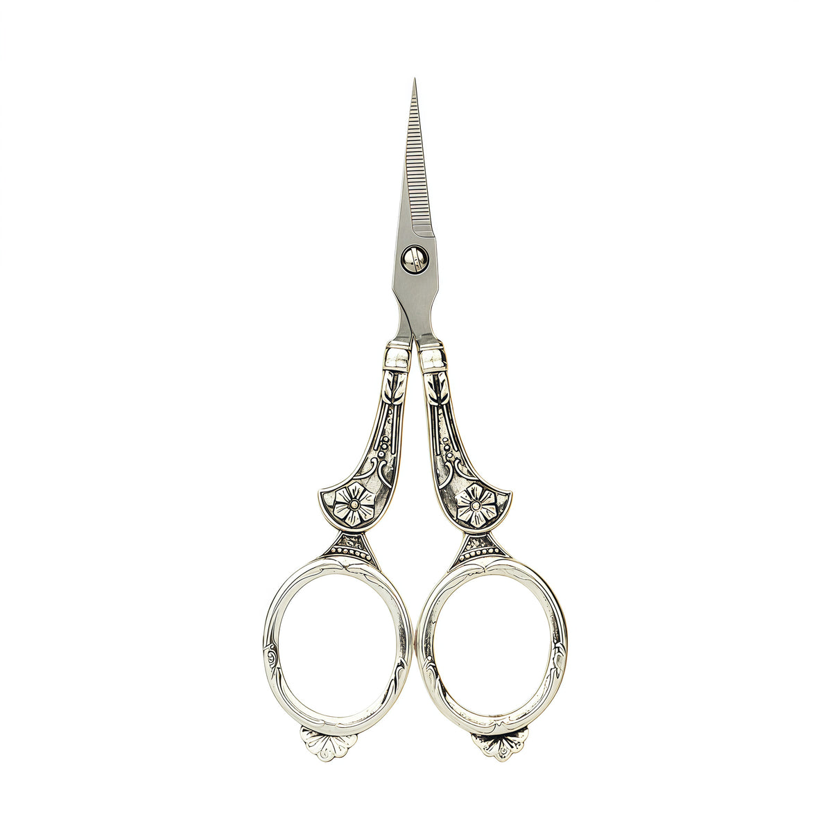 Victorian court scissors with ornate figure-eight handles in silver finish