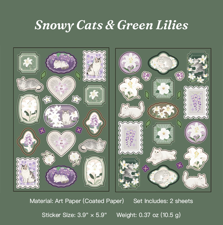 Snowy cats and green lilies aesthetic journal stickers