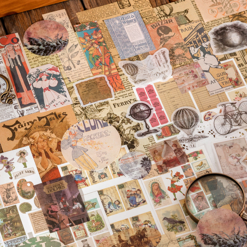 Dark desk scene with vintage specimen stickers and moon phases