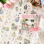Variant image for the Spring Picnic aesthetic character die-cut washi tape set. Features 6 rolls of wide tape displaying girls with cute pets, park benches, and cozy spring outdoor illustrations.