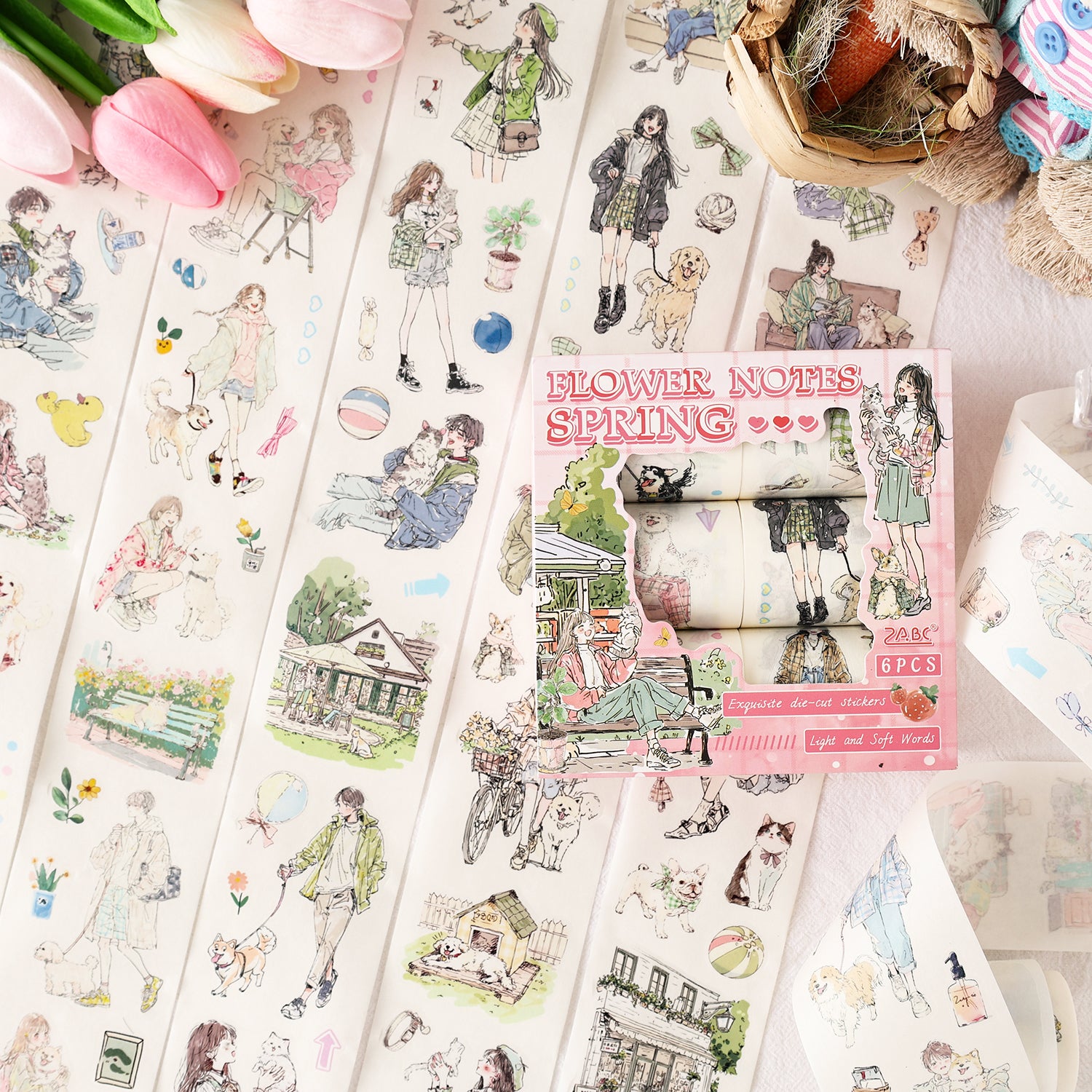 Variant image for the Spring Picnic aesthetic character die-cut washi tape set. Features 6 rolls of wide tape displaying girls with cute pets, park benches, and cozy spring outdoor illustrations.