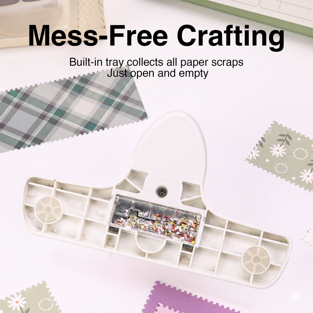 Stamp border punch bottom view built-in scrap tray perforated paper edges clean desk crafting
