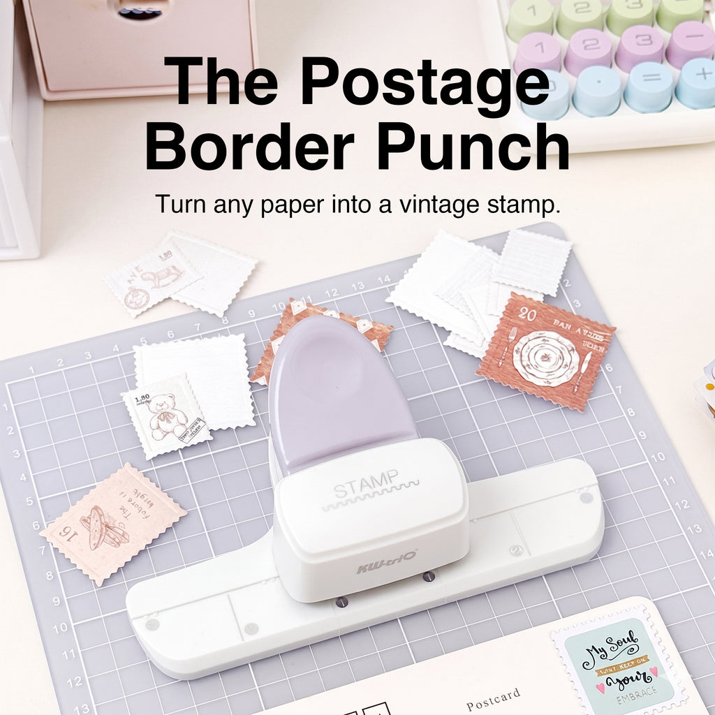 Stamp border punch vintage postage stamp edges scattered paper cutting mat desk craft supplies ephemera