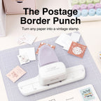 Stamp border punch vintage postage stamp edges scattered paper cutting mat desk craft supplies ephemera