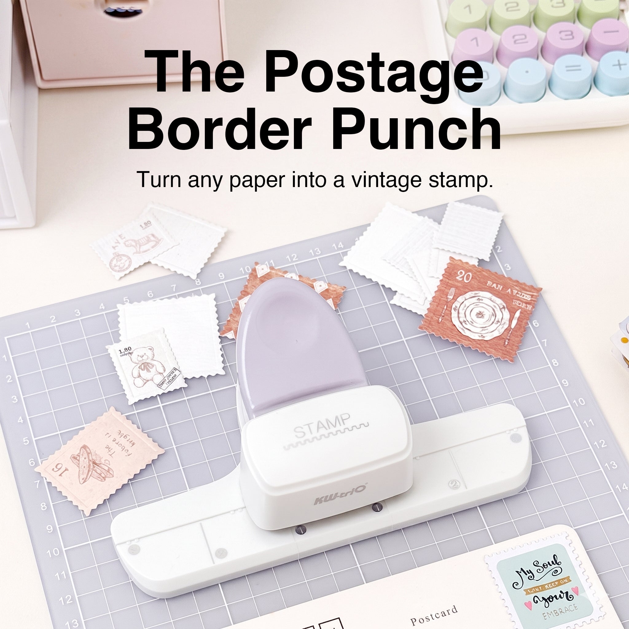 Stamp border punch vintage postage stamp edges scattered paper cutting mat desk craft supplies ephemera