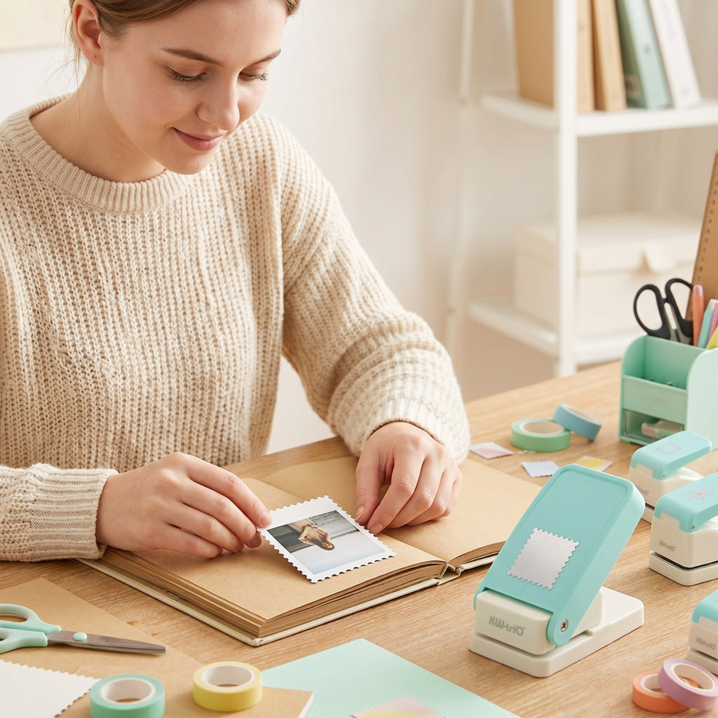 Woman placing perforated stamp cutout into journal page stamp punch wooden desk washi tape scissors nearby