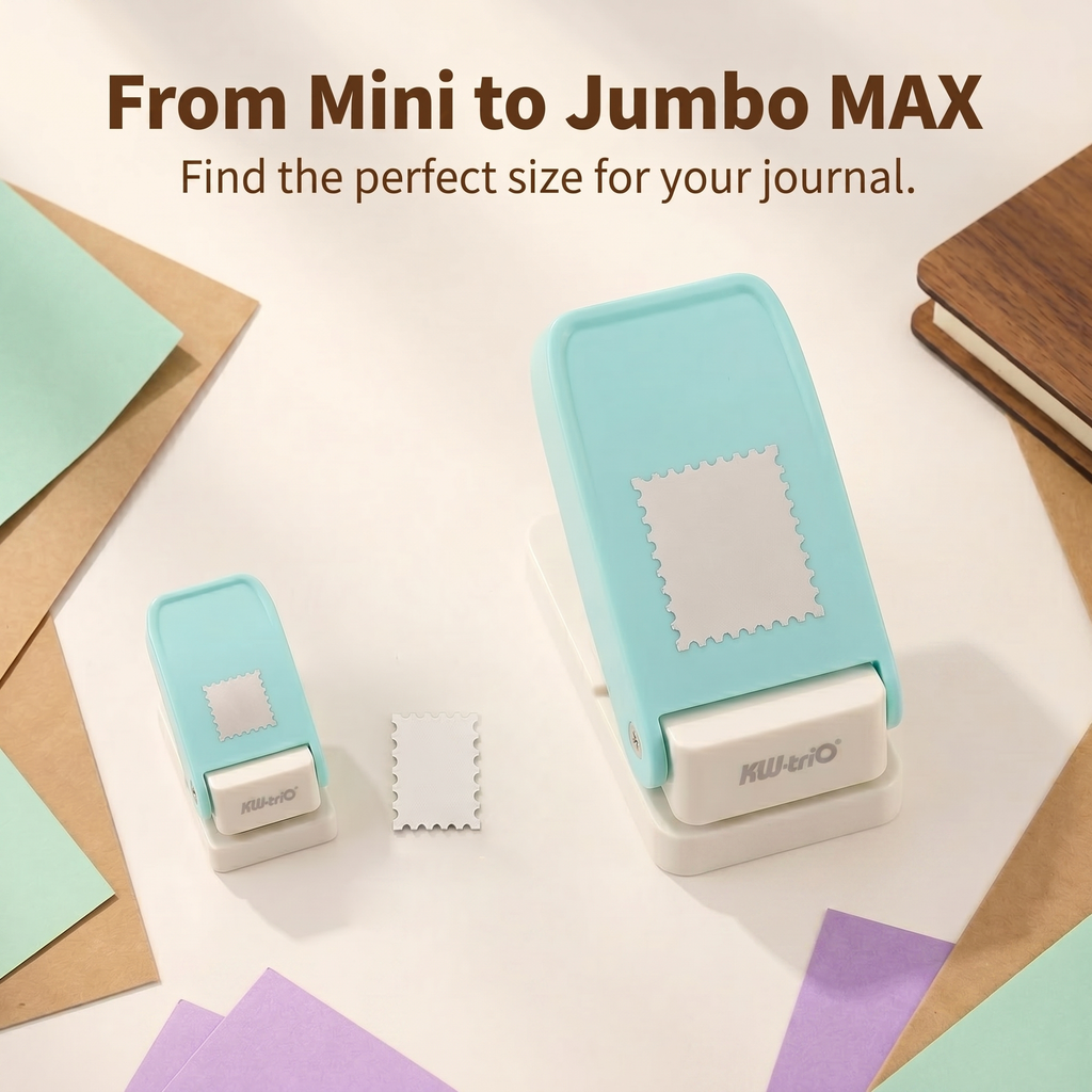 Mini jumbo stamp punch side by side pastel paper background size range comparison for planner journals
