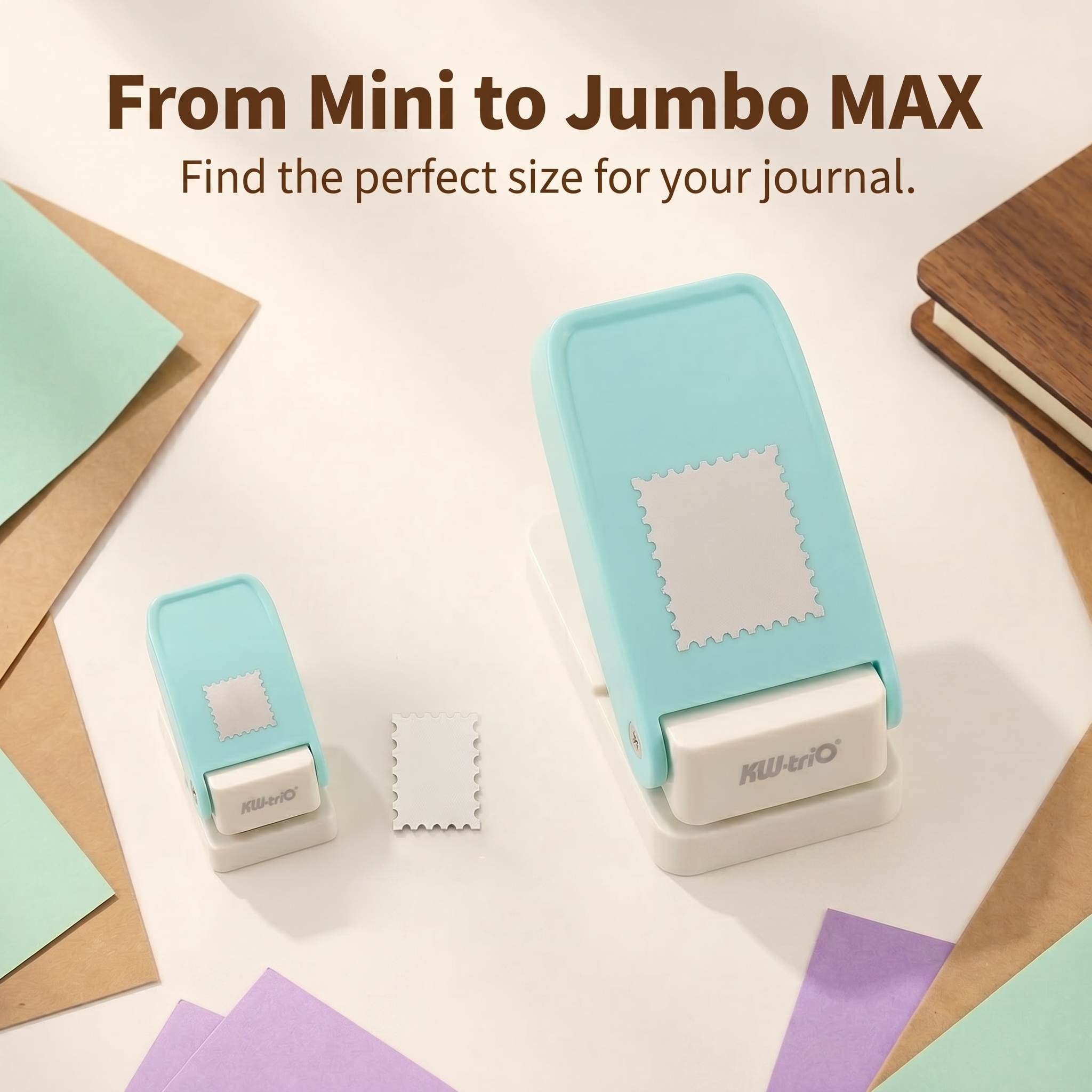 Mini jumbo stamp punch side by side pastel paper background size range comparison for planner journals