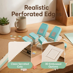 Stamp punch desk setup closeup insets clean serrated cuts 3D embossed options wooden table craft supplies