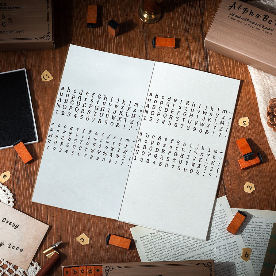 Stamped alphabet impressions on white paper showing crisp vintage typeface letters and numbers