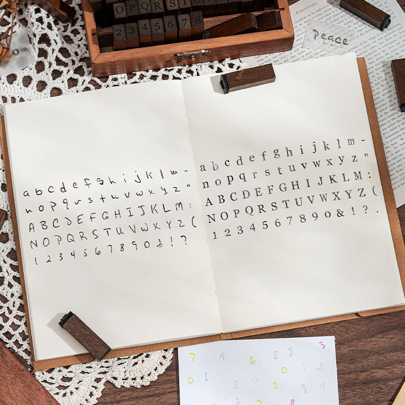 Stamped alphabet impressions on paper showing serif letter blocks from the wooden stamp set