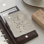 Vintage star constellation rubber stamps on white background with carved beech wood base and star date marker impressions, natural wood grain for celestial journal spreads