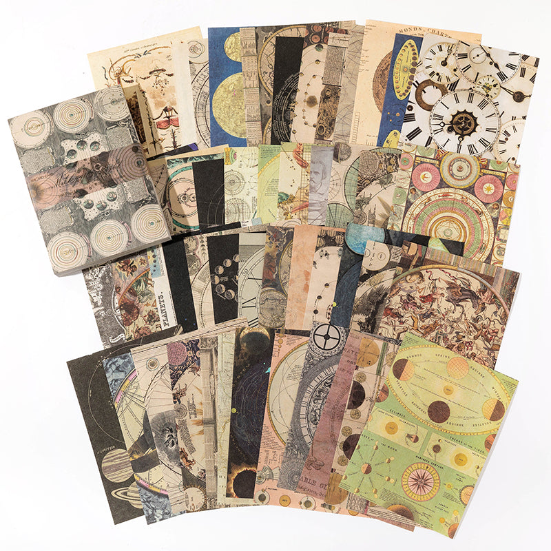 Fanned celestial paper sheets with astronomical charts, moon phases, clock faces, and star maps in deep navy and antique gold tones.
