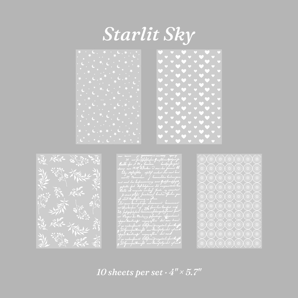 Navy embossed vellum paper scattered star relief midnight journal page layering effects