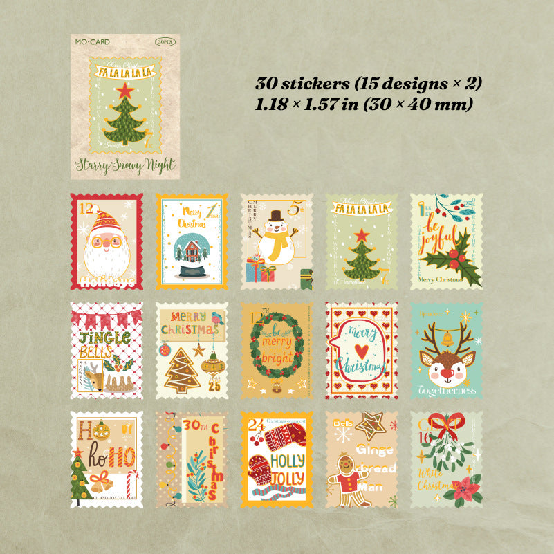 Starlit Snow style chart - 15 snowy Christmas postmark sticker designs in soft green