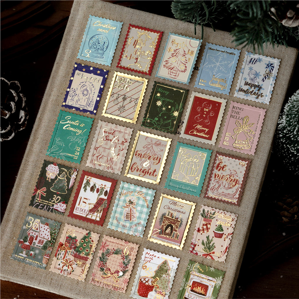Starlit Snow Christmas letter sticker sheet with 15 gold embossed postmark designs