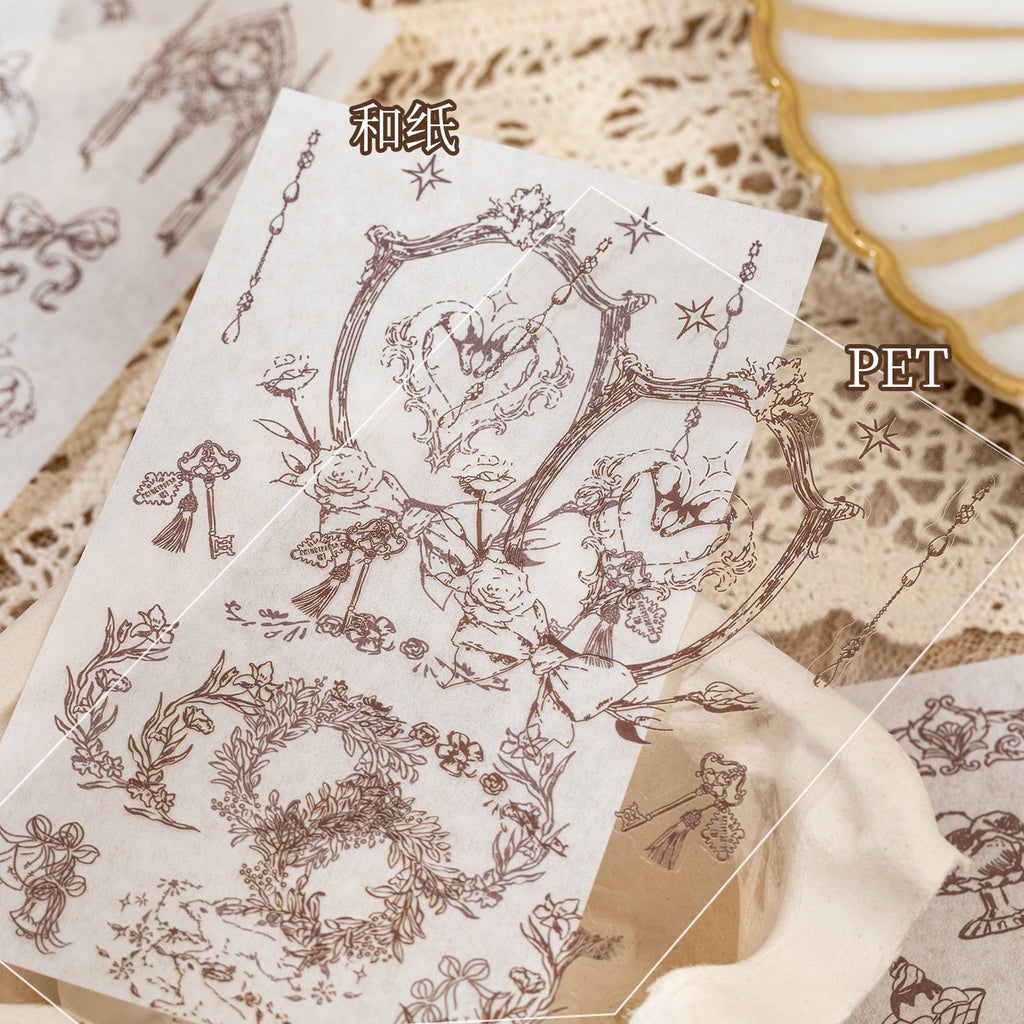Dream Voyage sticker sheets spread on aged map background with celestial designs