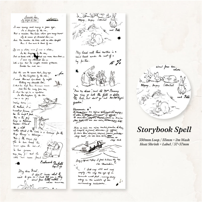 Storybook Spell washi tape with Peter Rabbit style bunny illustrations and children's story handwriting