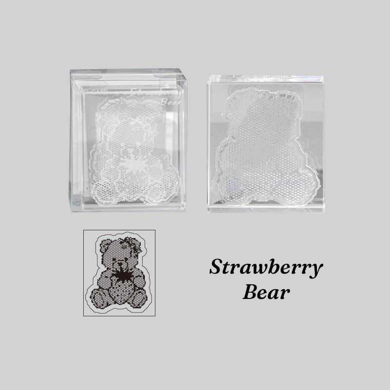 Strawberry Bear acrylic stamp with bear holding strawberry impression