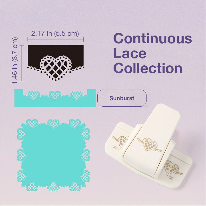 White border punch with sunburst heart lattice pattern cut sample and seamless lace guide