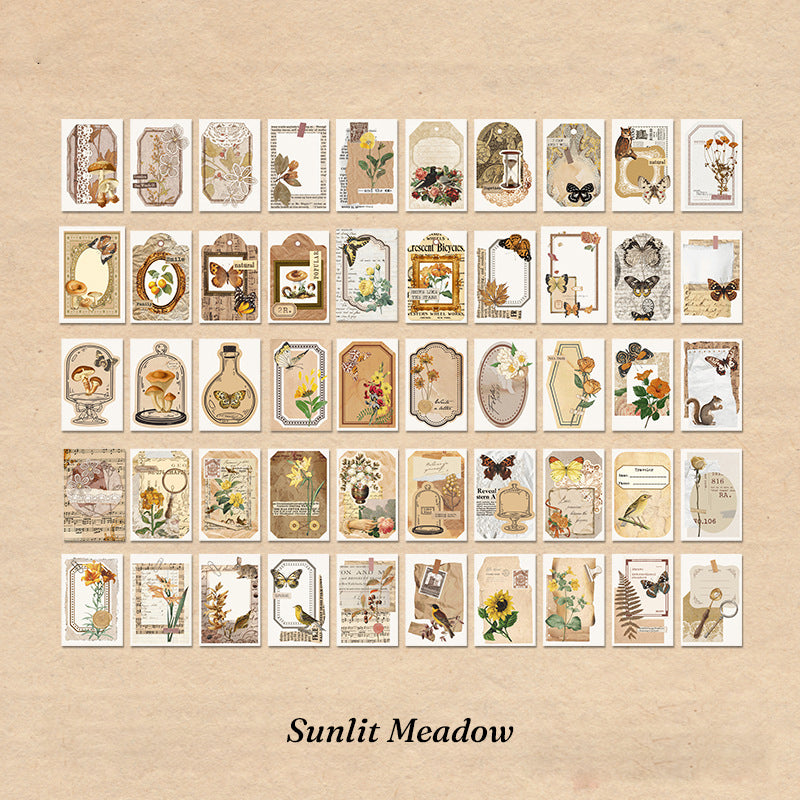 Complete 50-sticker sheet layout for Sunlit Meadow theme showing warm golden floral and nature illustrations in grid pattern