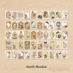 Complete 50-sticker sheet layout for Sunlit Meadow theme showing warm golden floral and nature illustrations in grid pattern