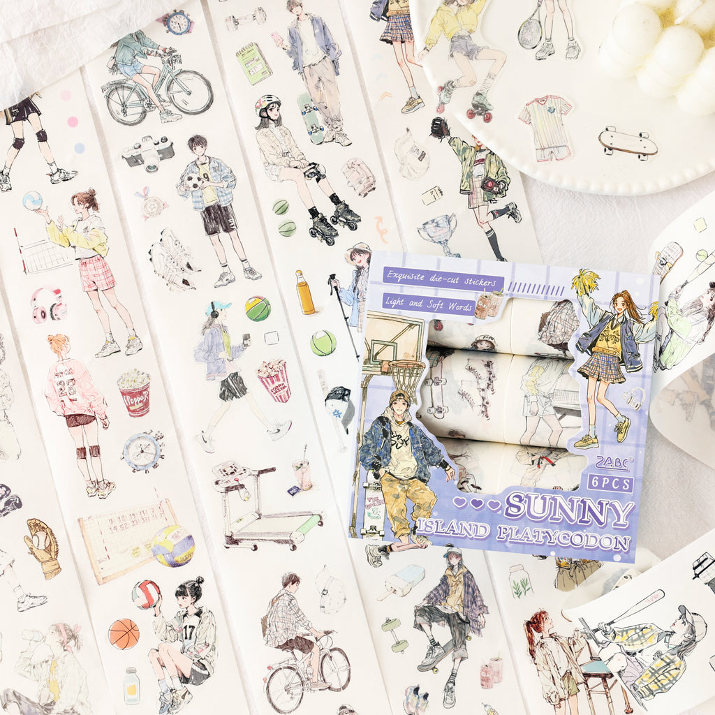 Variant image for the Sunny Campus aesthetic character die-cut washi tape set. Features 6 rolls of wide tape displaying girls with skateboards, basketballs, and active campus lifestyle illustrations.
