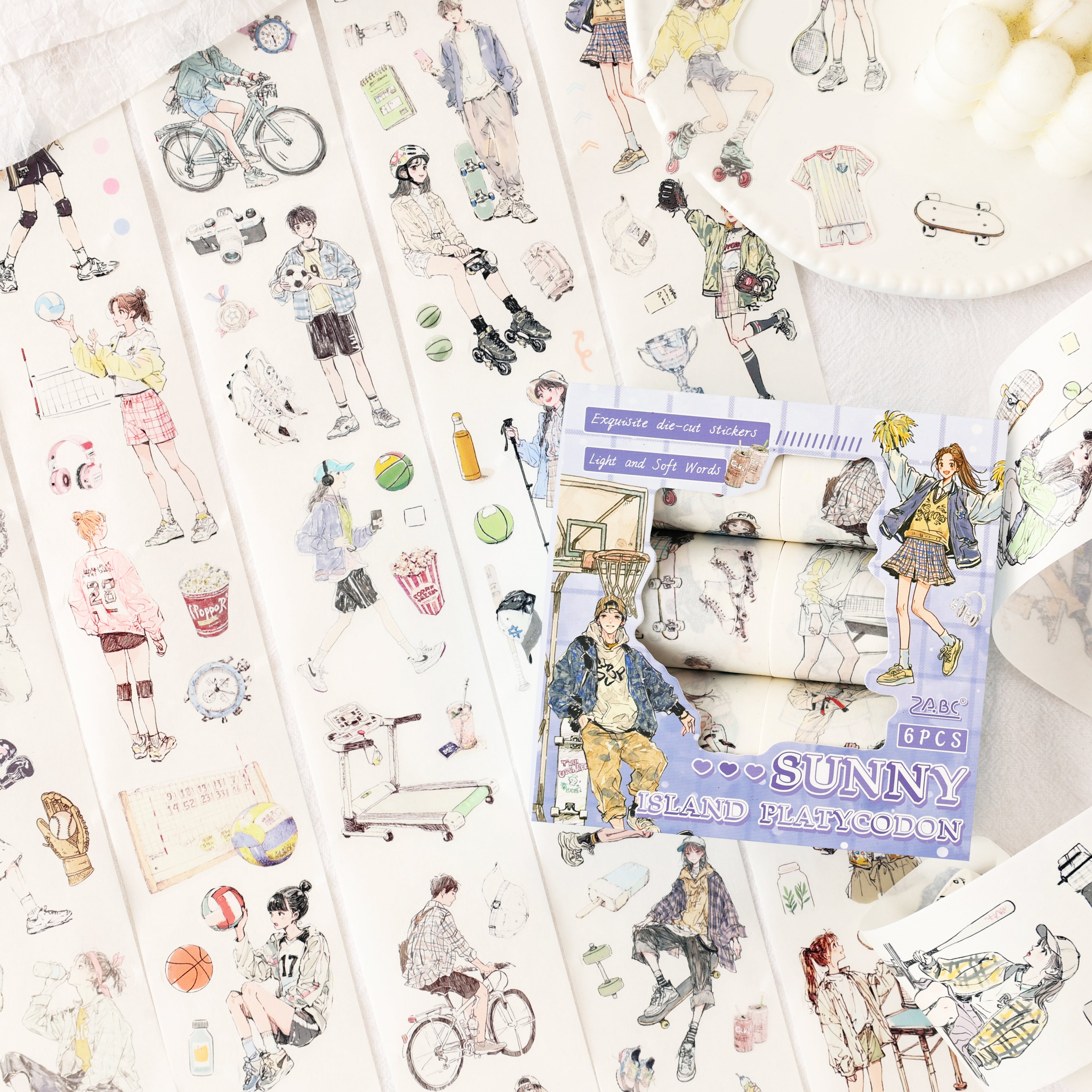 Variant image for the Sunny Campus aesthetic character die-cut washi tape set. Features 6 rolls of wide tape displaying girls with skateboards, basketballs, and active campus lifestyle illustrations.