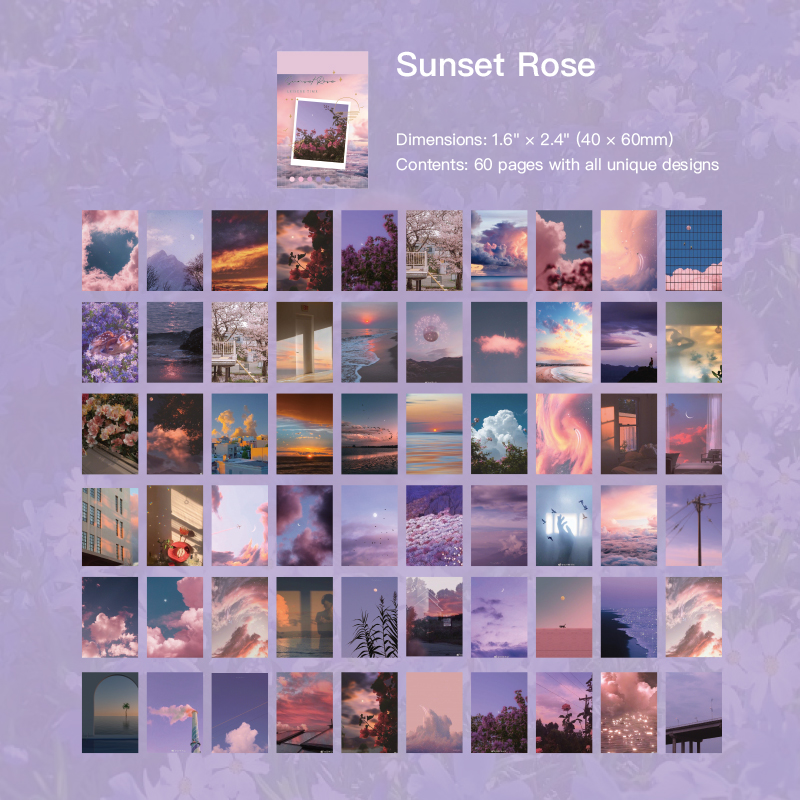 Sunset Rose vintage sticker design featuring warm-toned botanical rose illustrations