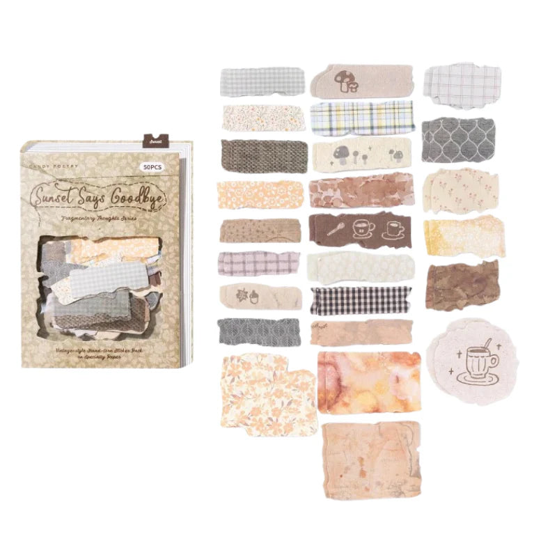 Variant image for the Sunset Says Goodbye vintage fabric scrap sticker pack. Displays 50 sepia and warm brown faux-cloth aesthetic stickers, perfect for retro scrapbooking layering.