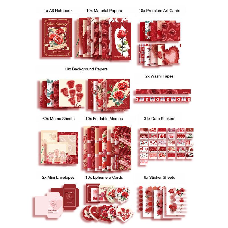 Variant image for the Symphony of Rose romantic red aesthetic journal kit, featuring the vibrant red-toned A6 binder notebook, floral stickers, and vintage rose ephemera in an open gift box.